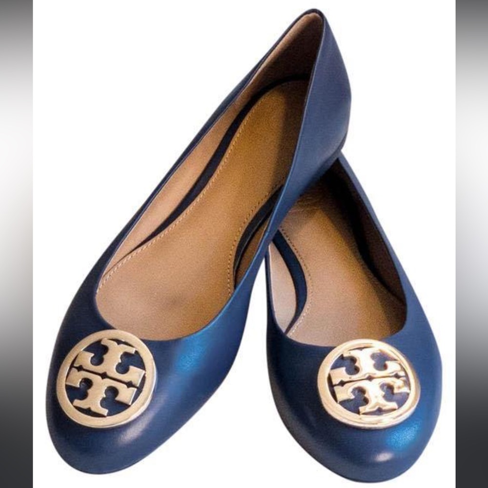 Women’s Tory Burch Blue Gold Benton Leather Flats Size 10.5